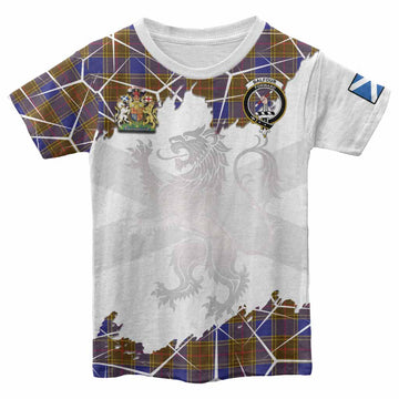 Balfour Tartan Kid T-shirt with Family Crest and Lion Rampant Grunge Style