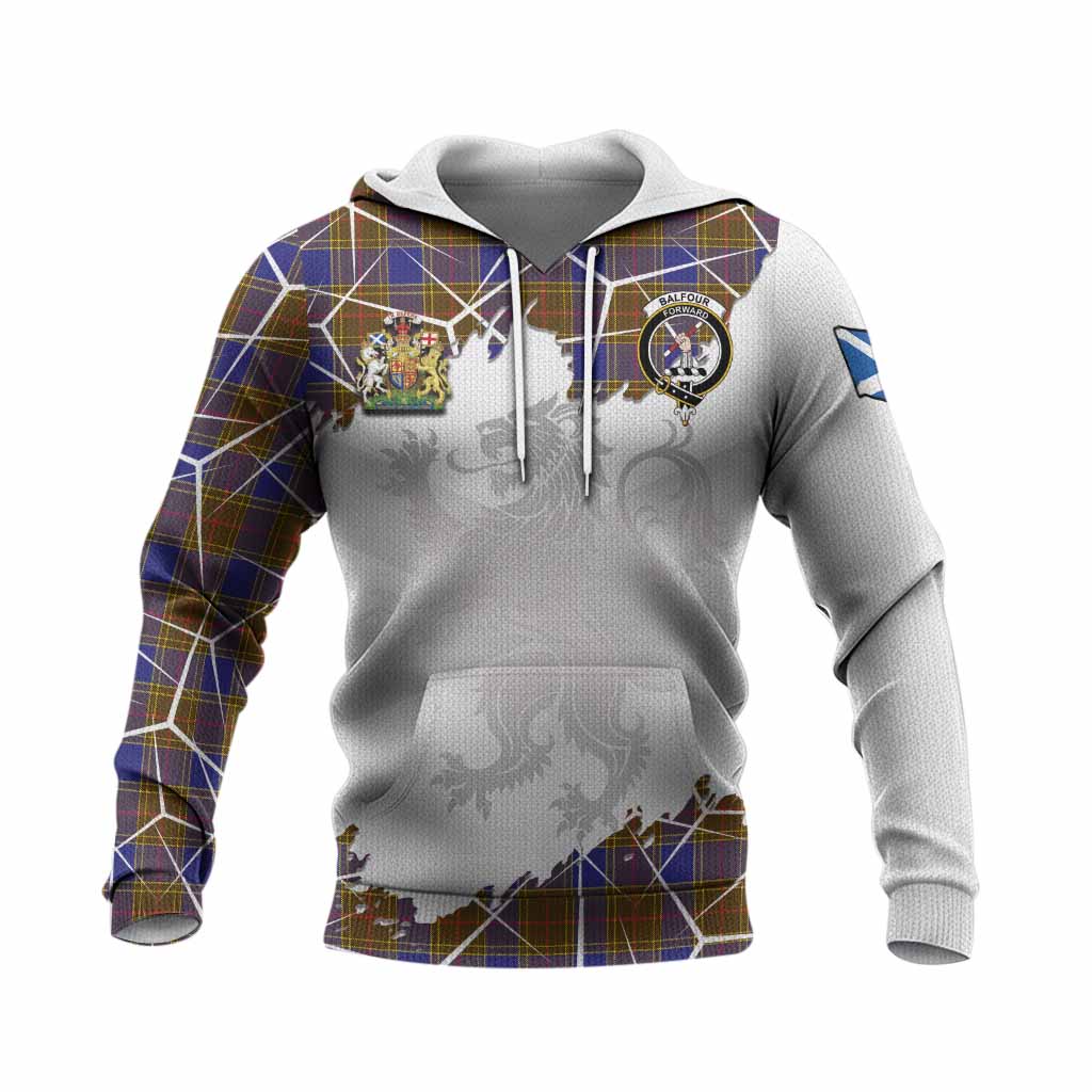 Balfour Tartan Knitted Hoodie with Family Crest and Lion Rampant Grunge Style