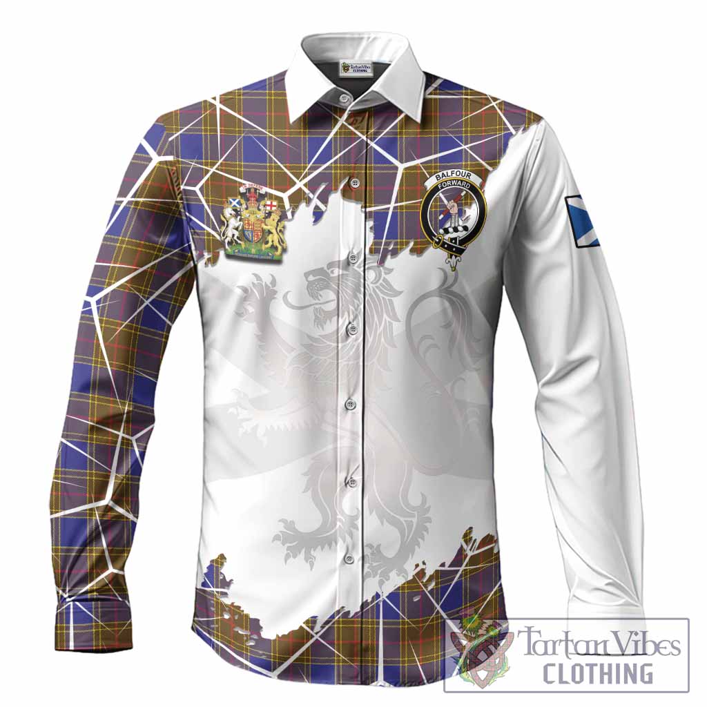 Balfour Tartan Long Sleeve Button Shirts with Family Crest and Lion Rampant Grunge Style