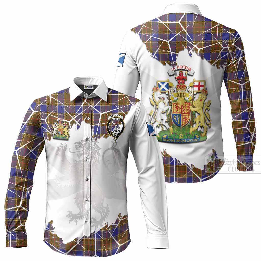 Balfour Tartan Long Sleeve Button Shirts with Family Crest and Lion Rampant Grunge Style