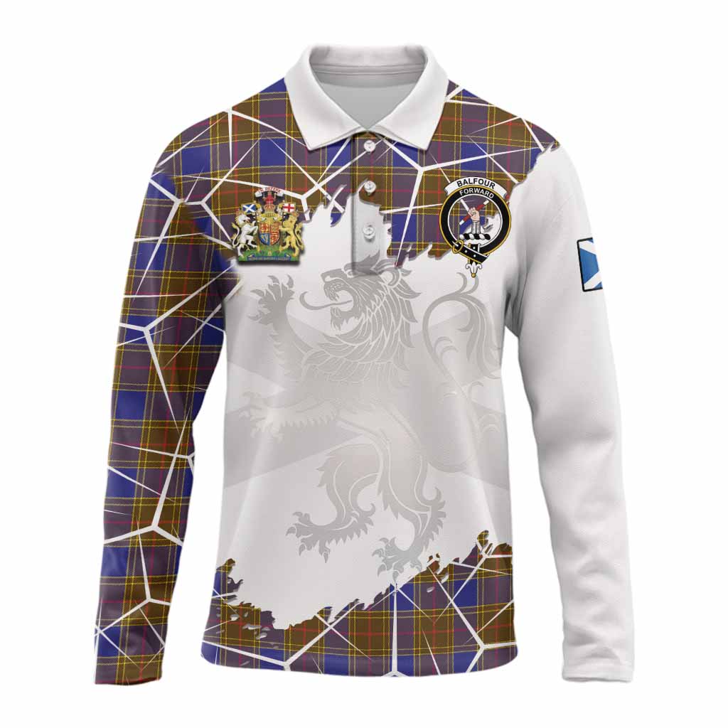 Balfour Tartan Long Sleeve Polo Shirt with Family Crest and Lion Rampant Grunge Style
