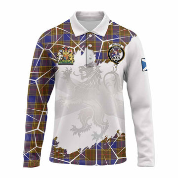 Balfour Tartan Long Sleeve Polo Shirt with Family Crest and Lion Rampant Grunge Style
