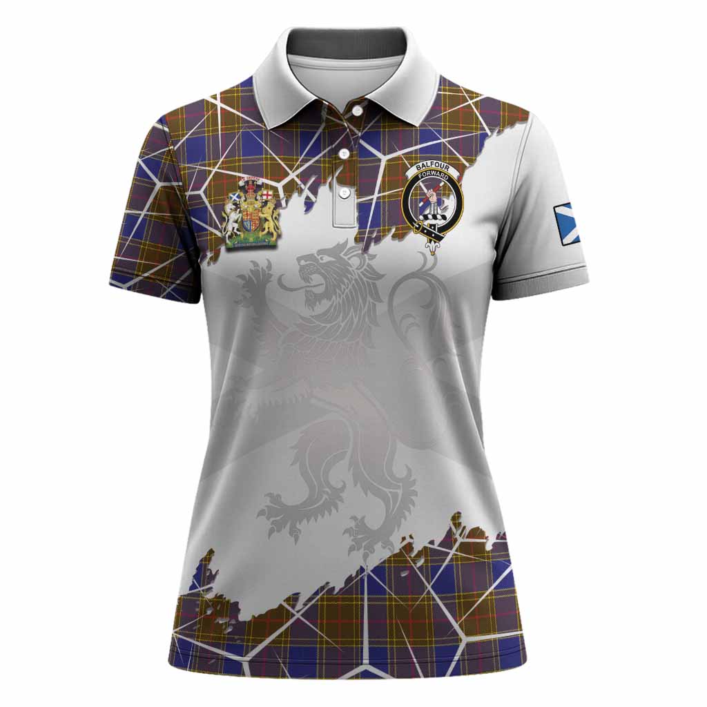 Balfour Tartan Women Polo Shirt with Family Crest and Lion Rampant Grunge Style