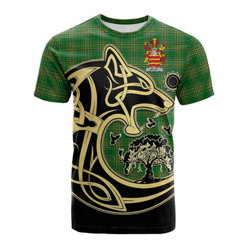 Tartan Vibes Clothing Ballet Irish Tartan Cotton T-shirt with Coat of Arms Celtic Wolf Style