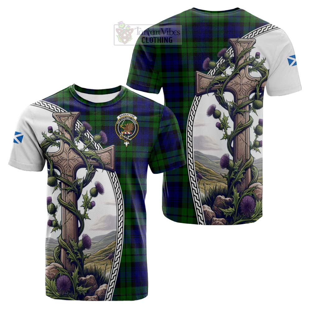Tartan Vibes Clothing Bannatyne Tartan Cotton T-shirt with Family Crest and St. Andrew's Cross Accented by Thistle Vines