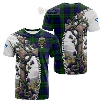 Tartan Vibes Clothing Bannatyne Tartan Cotton T-shirt with Family Crest and St. Andrew's Cross Accented by Thistle Vines