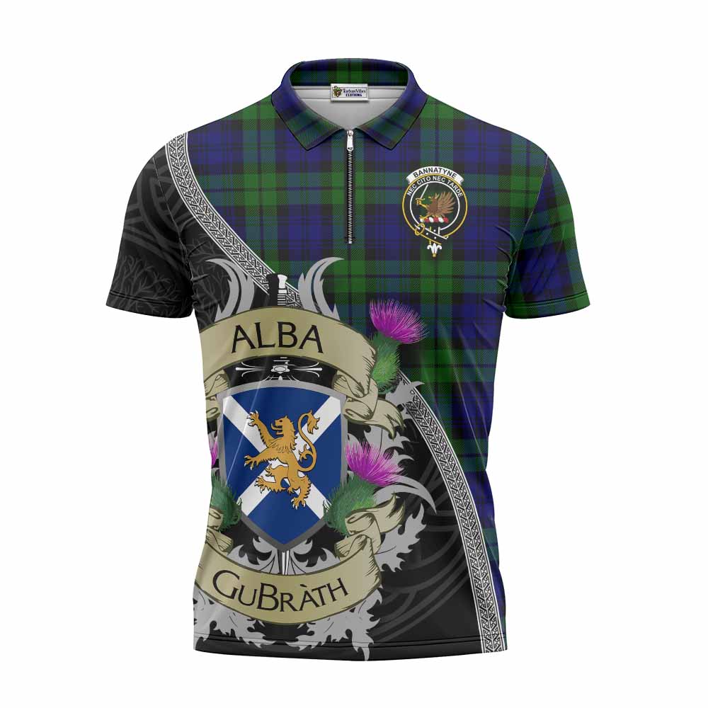 Tartan Vibes Clothing Bannatyne Tartan Family Crest Zipper Polo Shirt Lion Rampant Royal Thistle Shield Celtic Inspired