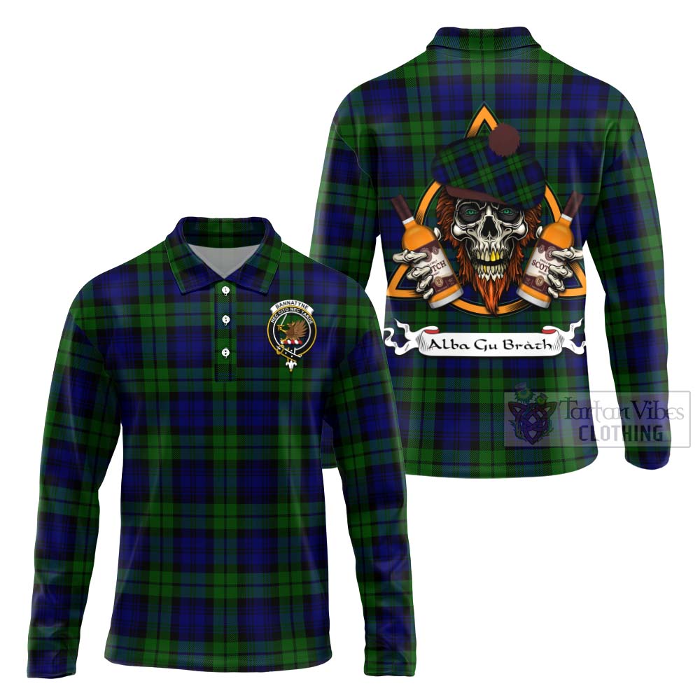 Tartan Vibes Clothing Bannatyne Tartan Long Sleeve Polo Shirt with Family Crest and Bearded Skull Holding Bottles of Whiskey