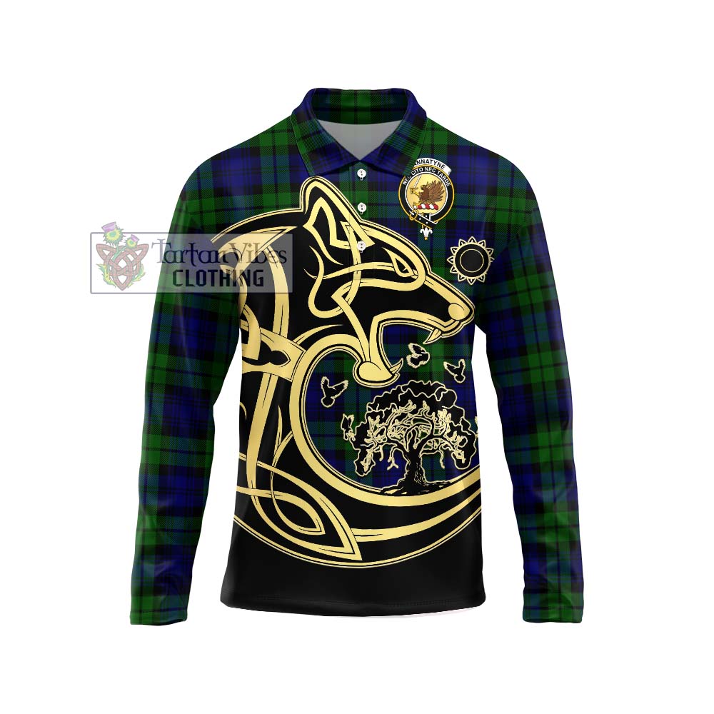 Bannatyne Tartan Long Sleeve Polo Shirt with Family Crest Celtic Wolf Style Unisex - Tartanvibesclothing Shop