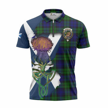 Tartan Vibes Clothing Bannatyne Tartan Family Crest Zipper Polo Shirt Scottish Thistle Celtic Inspired