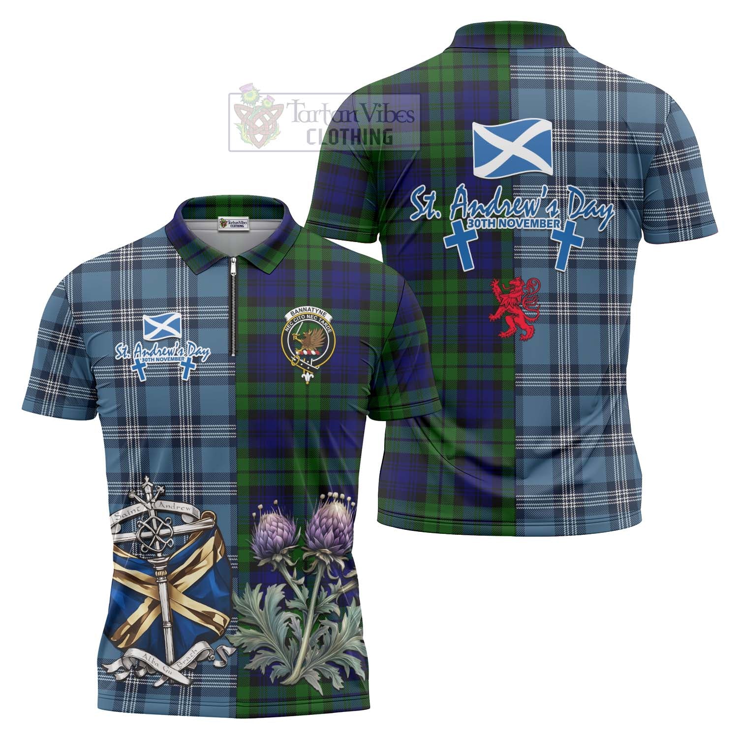Tartan Vibes Clothing Bannatyne Tartan Zipper Polo Shirt Happy St. Andrew's Day Half Tartan Style
