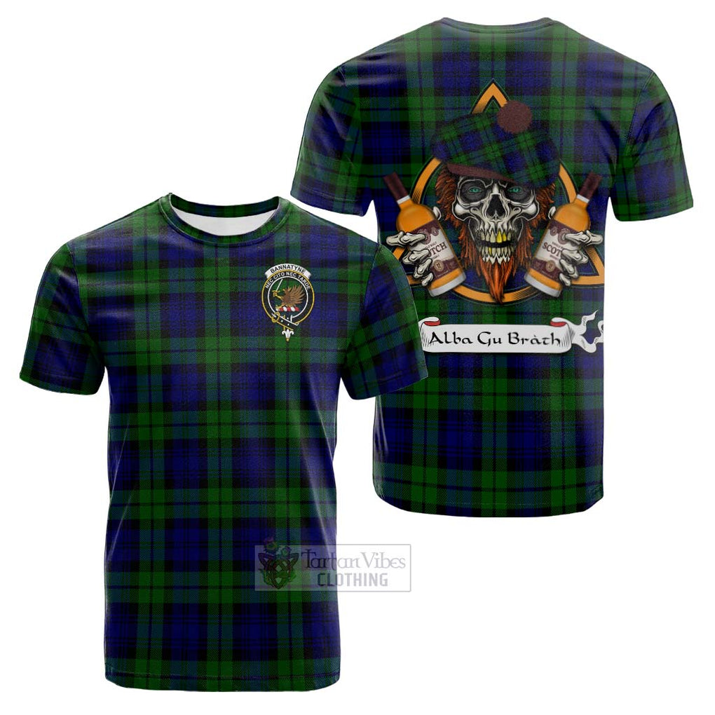 Tartan Vibes Clothing Bannatyne Tartan Cotton T-shirt with Family Crest and Bearded Skull Holding Bottles of Whiskey