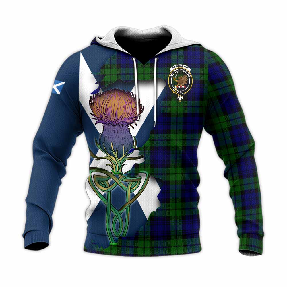 Tartan Vibes Clothing Bannatyne Tartan Family Crest Knitted Hoodie Scottish Thistle Celtic Inspired