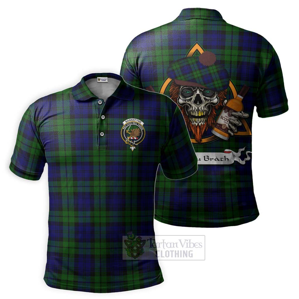 Tartan Vibes Clothing Bannatyne Tartan Polo Shirt with Family Crest and Bearded Skull Holding Bottles of Whiskey