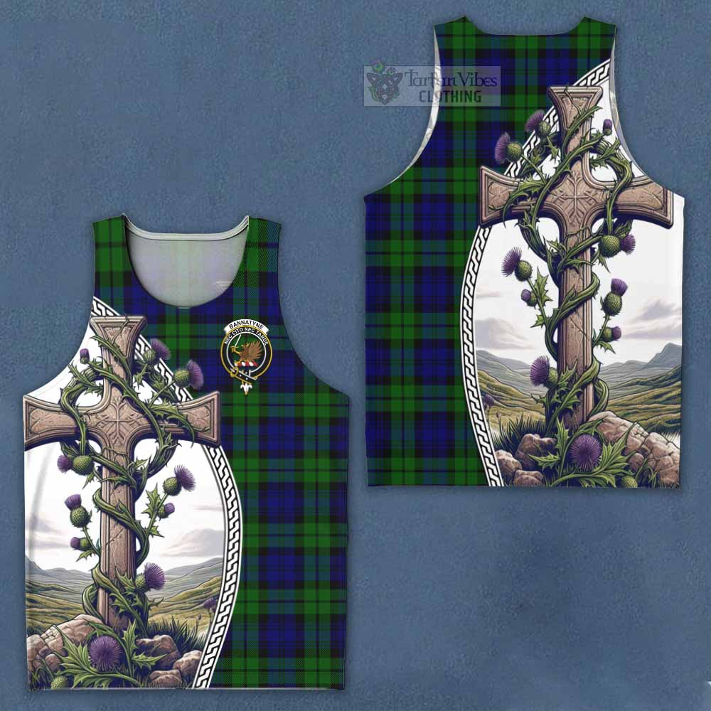 Tartan Vibes Clothing Bannatyne Tartan Men's Tank Top with Family Crest and St. Andrew's Cross Accented by Thistle Vines