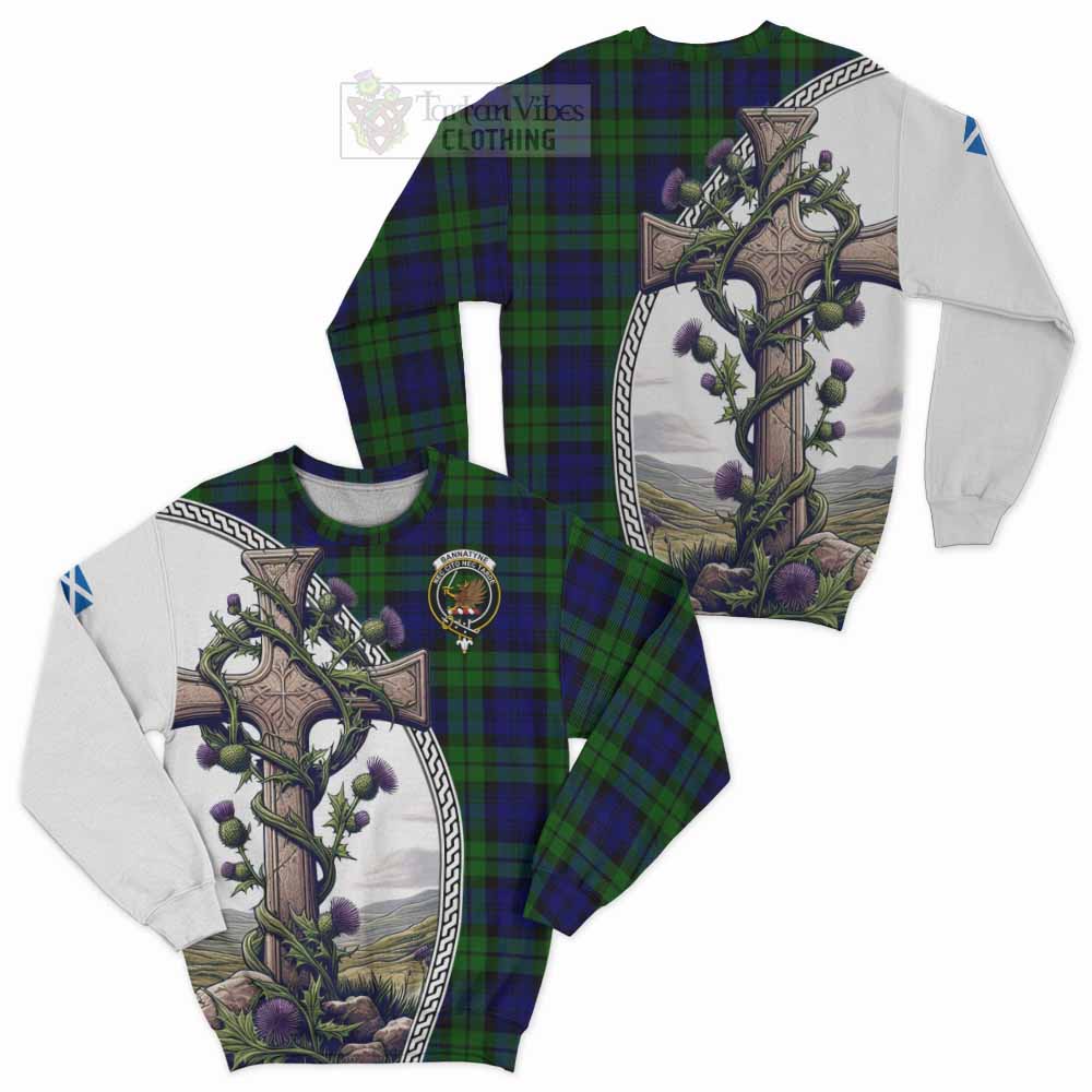 Tartan Vibes Clothing Bannatyne Tartan Sweatshirt with Family Crest and St. Andrew's Cross Accented by Thistle Vines