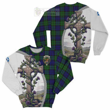 Tartan Vibes Clothing Bannatyne Tartan Sweatshirt with Family Crest and St. Andrew's Cross Accented by Thistle Vines