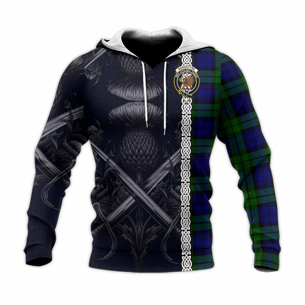 Tartan Vibes Clothing Bannatyne Tartan Knitted Hoodie with Family Crest Cross Sword Thistle Celtic Vibes