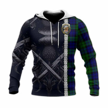 Tartan Vibes Clothing Bannatyne Tartan Knitted Hoodie with Family Crest Cross Sword Thistle Celtic Vibes