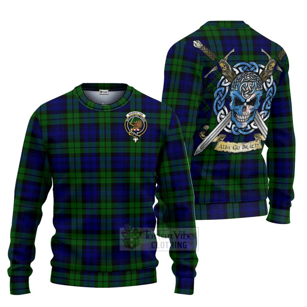 Tartan Vibes Clothing Bannatyne Tartan Knitted Sweater with Family Crest Celtic Skull Style