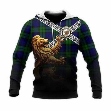 Tartan Vibes Clothing Bannatyne Crest Tartan Knitted Hoodie with Golden Lion Emblem Celtic Style