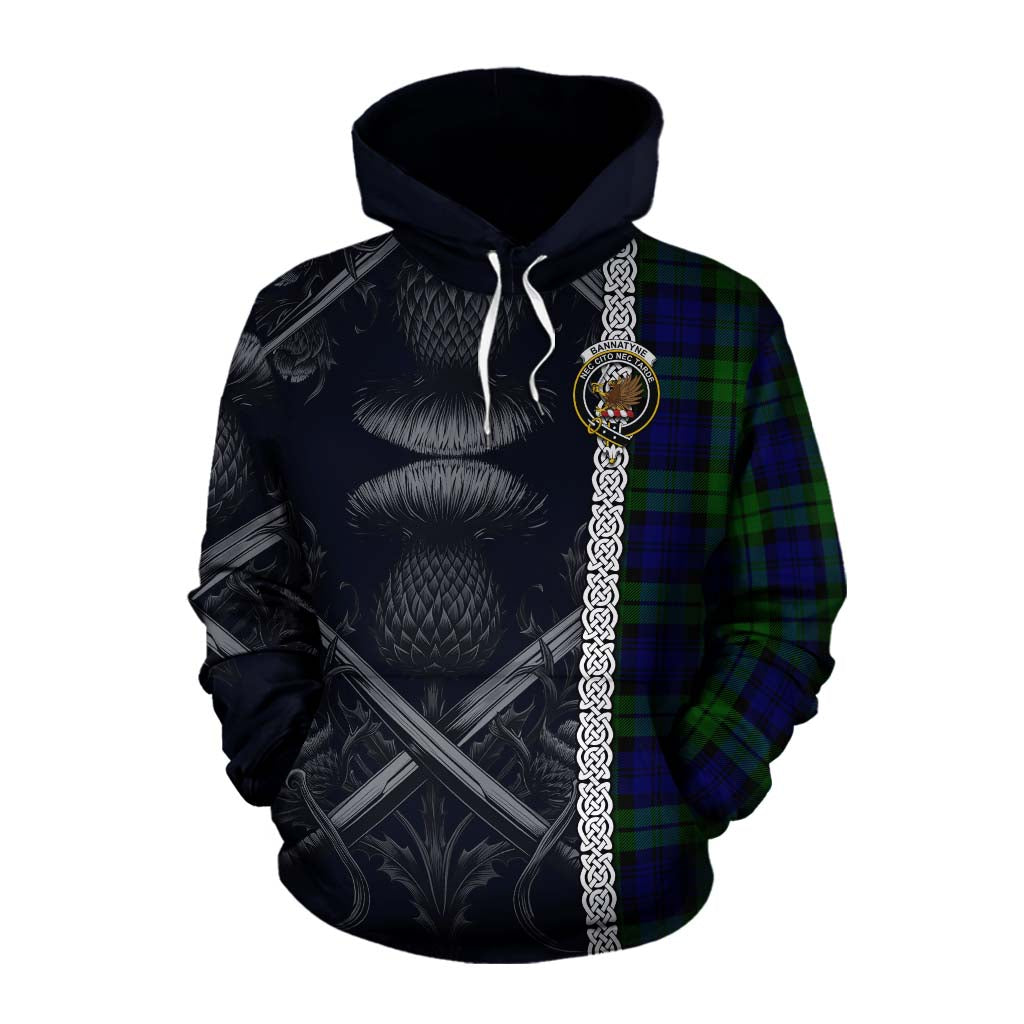 Tartan Vibes Clothing Bannatyne Tartan Cotton Hoodie with Family Crest Cross Sword Thistle Celtic Vibes