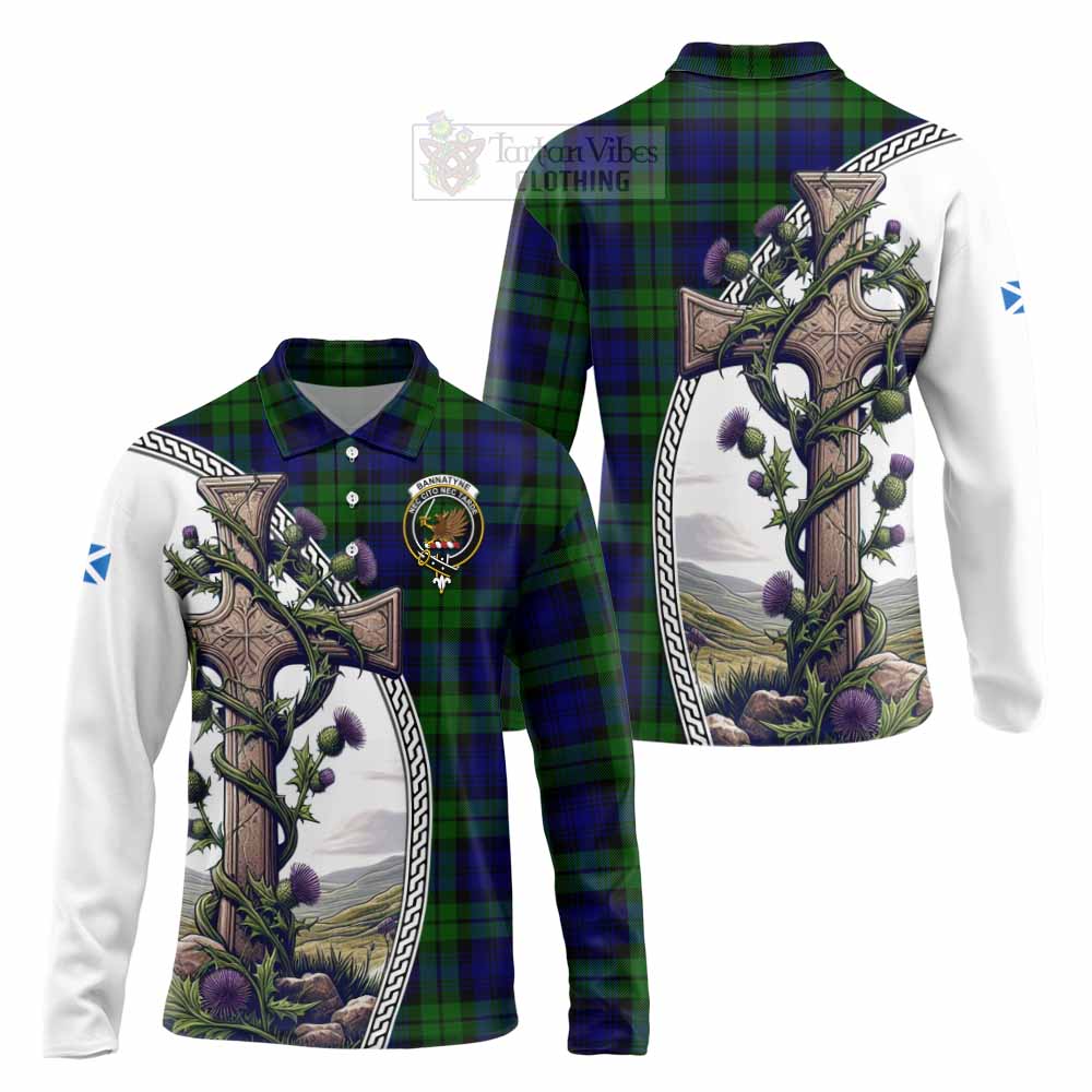 Tartan Vibes Clothing Bannatyne Tartan Long Sleeve Polo Shirt with Family Crest and St. Andrew's Cross Accented by Thistle Vines
