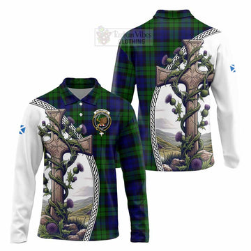 Tartan Vibes Clothing Bannatyne Tartan Long Sleeve Polo Shirt with Family Crest and St. Andrew's Cross Accented by Thistle Vines