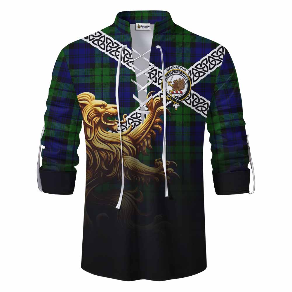 Tartan Vibes Clothing Bannatyne Crest Tartan Ghillie Kilt Shirt with Golden Lion Emblem Celtic Style