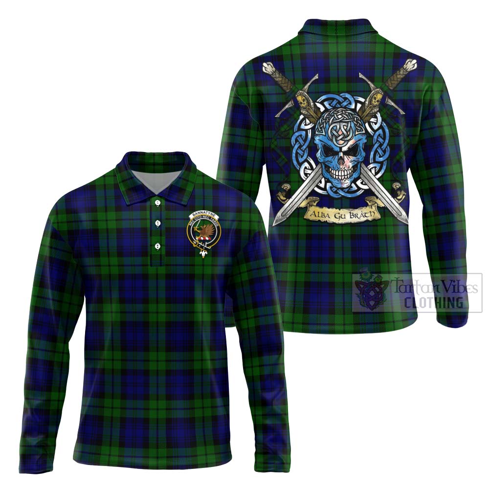 Tartan Vibes Clothing Bannatyne Tartan Long Sleeve Polo Shirt with Family Crest Celtic Skull Style