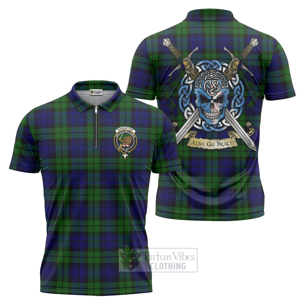 Tartan Vibes Clothing Bannatyne Tartan Zipper Polo Shirt with Family Crest Celtic Skull Style