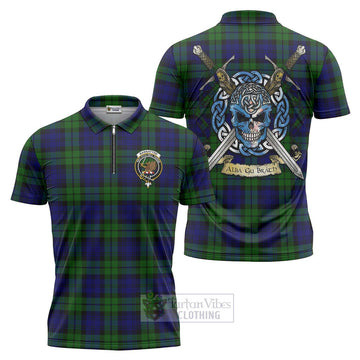 Tartan Vibes Clothing Bannatyne Tartan Zipper Polo Shirt with Family Crest Celtic Skull Style