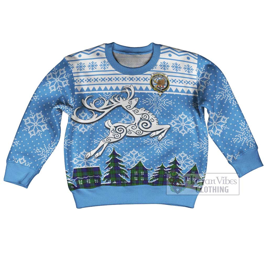 Tartan Vibes Clothing Bannatyne Clan Christmas Kid Ugly Sweater with Tartan and Celtic Raindeer Style