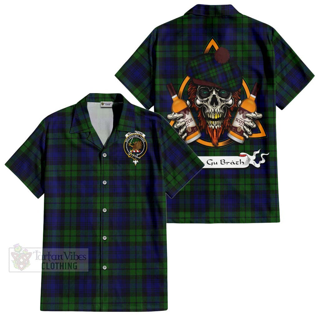 Tartan Vibes Clothing Bannatyne Tartan Short Sleeve Button Shirt with Family Crest and Bearded Skull Holding Bottles of Whiskey