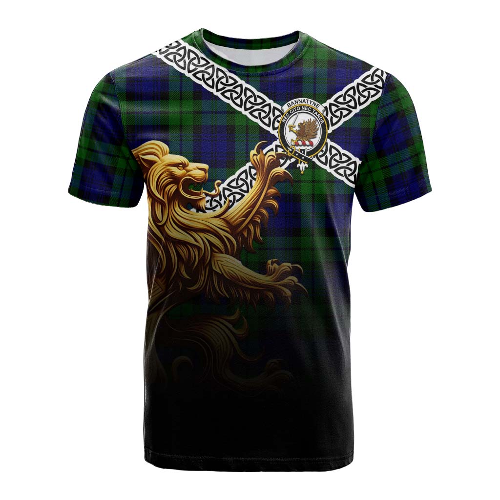 Tartan Vibes Clothing Bannatyne Crest Tartan Cotton T-shirt with Golden Lion Emblem Celtic Style