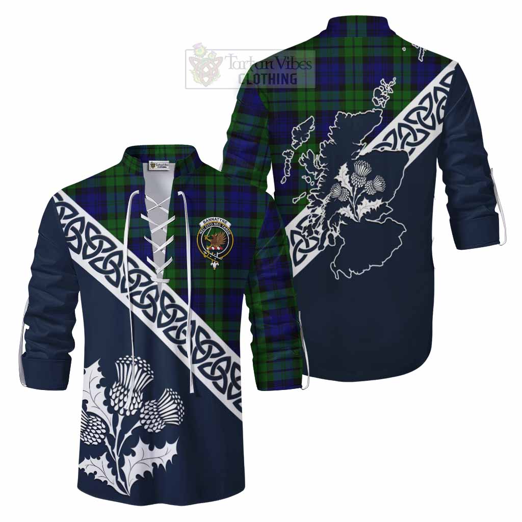 Tartan Vibes Clothing Bannatyne Tartan Ghillie Kilt Shirt Featuring Thistle and Scotland Map