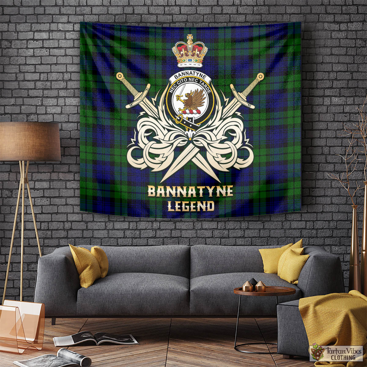 Tartan Vibes Clothing Bannatyne Tartan Tapestry with Clan Crest and the Golden Sword of Courageous Legacy