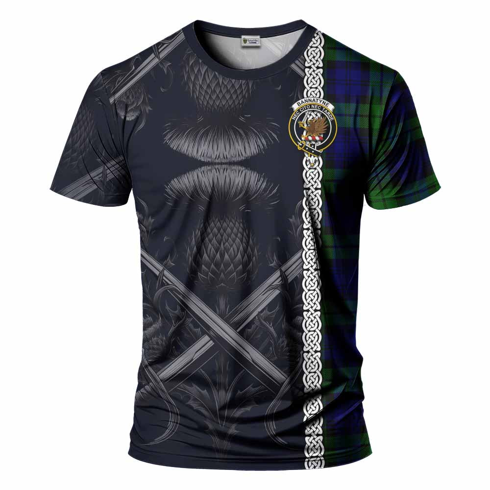 Tartan Vibes Clothing Bannatyne Tartan T-Shirt with Family Crest Cross Sword Thistle Celtic Vibes