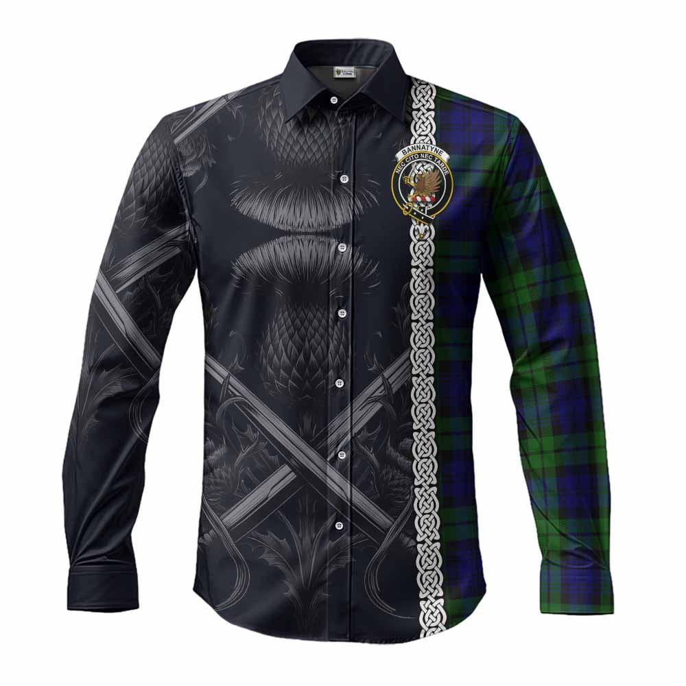 Tartan Vibes Clothing Bannatyne Tartan Long Sleeve Button Shirt with Family Crest Cross Sword Thistle Celtic Vibes