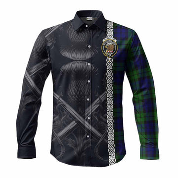 Tartan Vibes Clothing Bannatyne Tartan Long Sleeve Button Shirt with Family Crest Cross Sword Thistle Celtic Vibes
