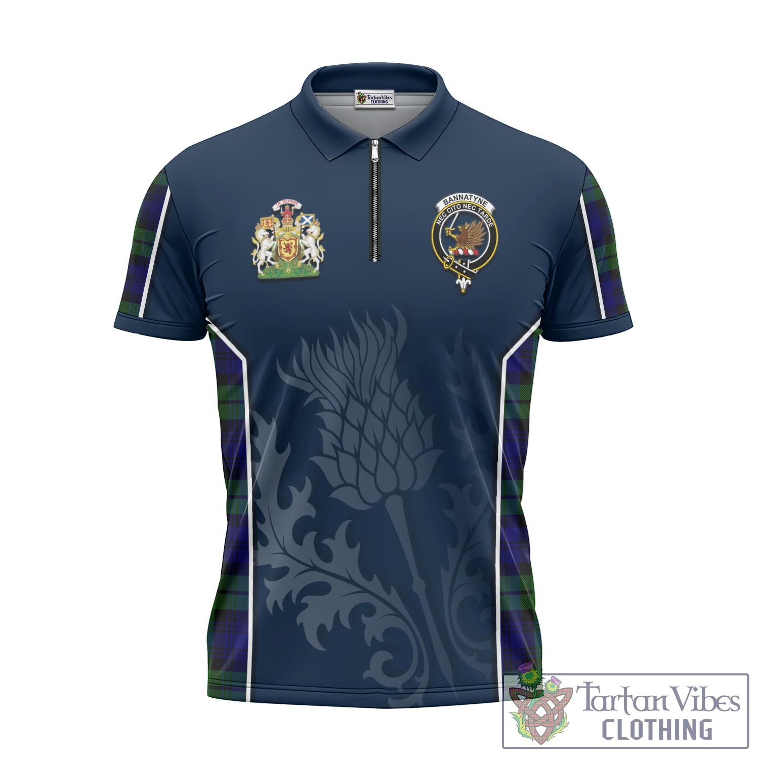 Tartan Vibes Clothing Bannatyne Tartan Zipper Polo Shirt with Family Crest and Scottish Thistle Vibes Sport Style