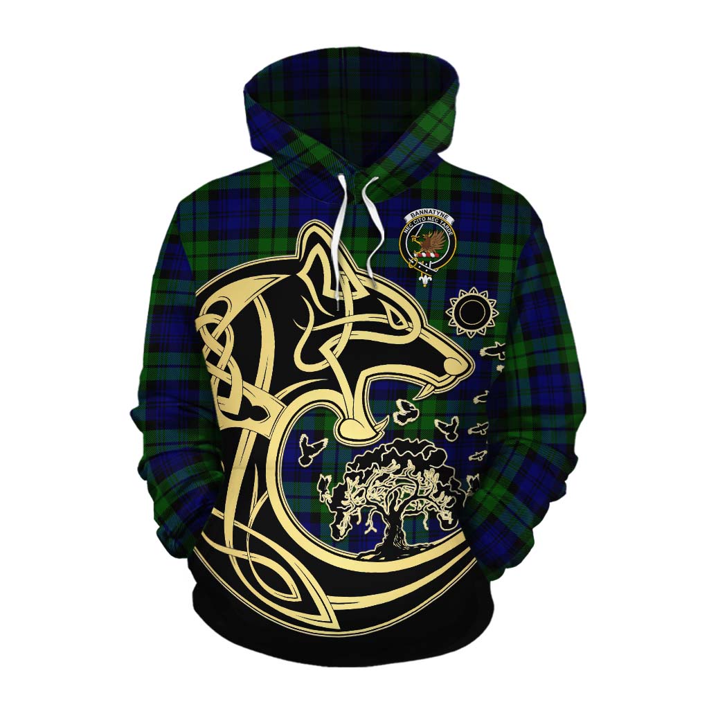 Tartan Vibes Clothing Bannatyne Tartan Cotton Hoodie with Family Crest Celtic Wolf Style