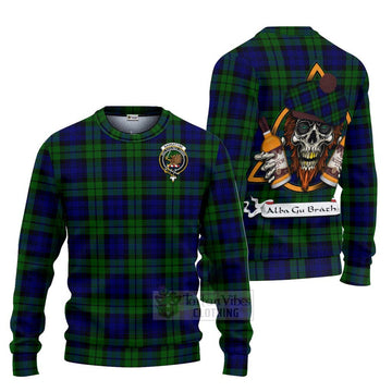 Tartan Vibes Clothing Bannatyne Tartan Knitted Sweater with Family Crest and Bearded Skull Holding Bottles of Whiskey