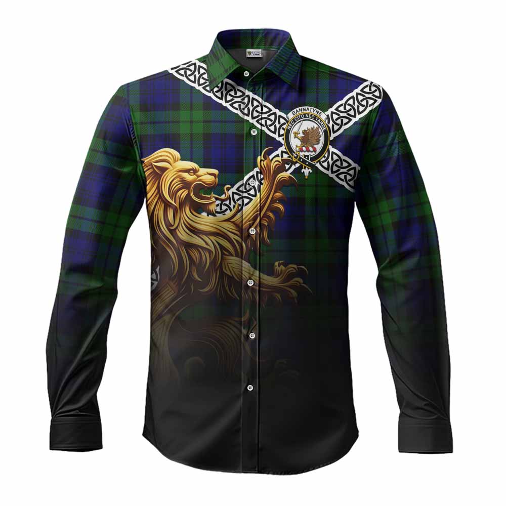 Tartan Vibes Clothing Bannatyne Crest Tartan Long Sleeve Button Shirt with Golden Lion Emblem Celtic Style
