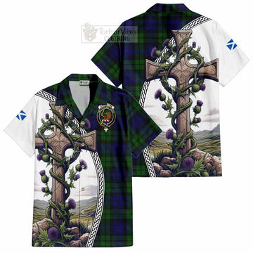 Tartan Vibes Clothing Bannatyne Tartan Short Sleeve Button Shirt with Family Crest and St. Andrew's Cross Accented by Thistle Vines
