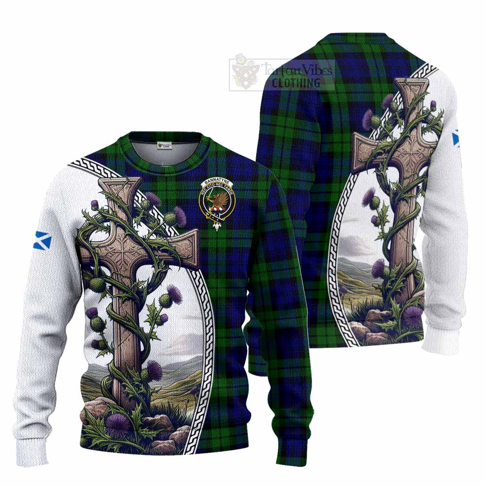 Tartan Vibes Clothing Bannatyne Tartan Knitted Sweater with Family Crest and St. Andrew's Cross Accented by Thistle Vines