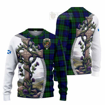 Tartan Vibes Clothing Bannatyne Tartan Knitted Sweater with Family Crest and St. Andrew's Cross Accented by Thistle Vines