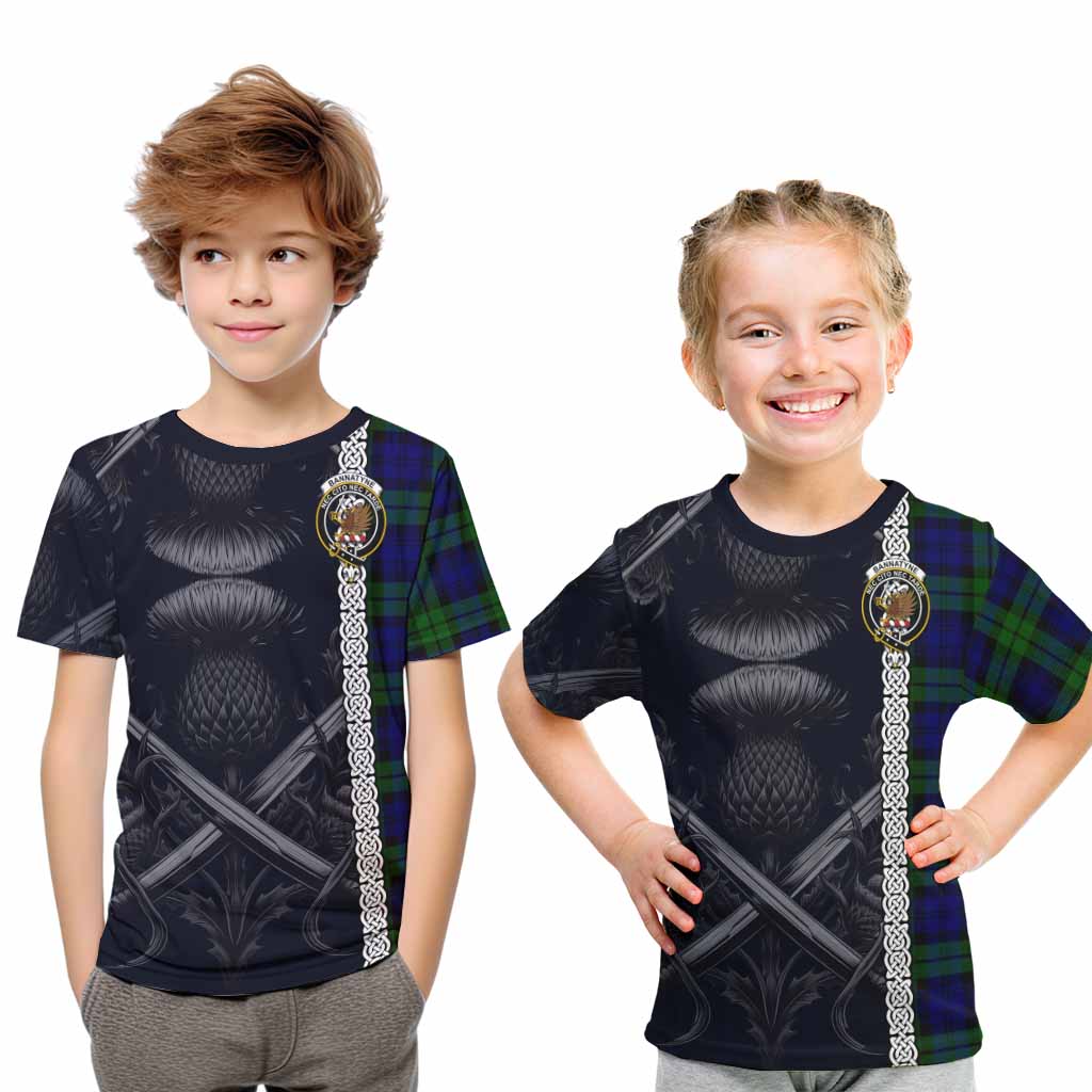 Tartan Vibes Clothing Bannatyne Tartan Kid T-Shirt with Family Crest Cross Sword Thistle Celtic Vibes