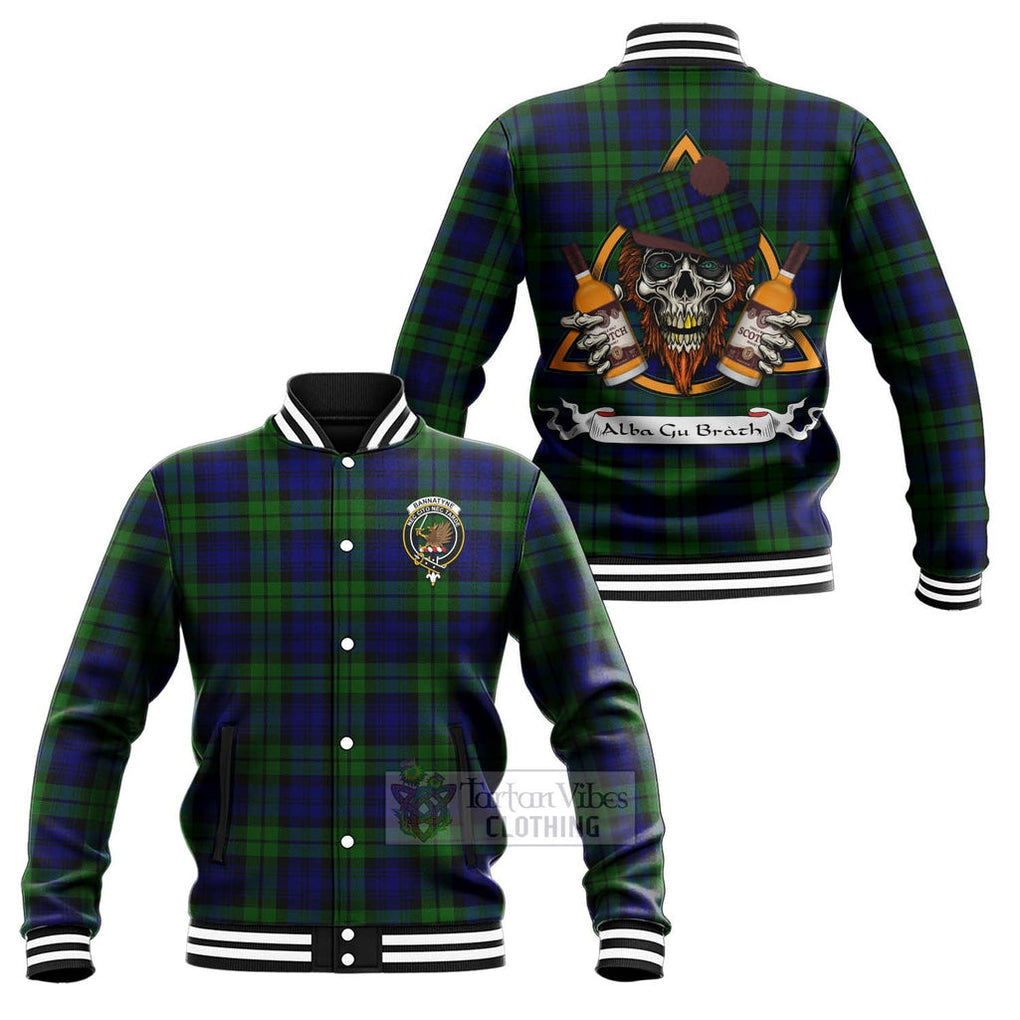 Tartan Vibes Clothing Bannatyne Tartan Baseball Jacket with Family Crest and Bearded Skull Holding Bottles of Whiskey