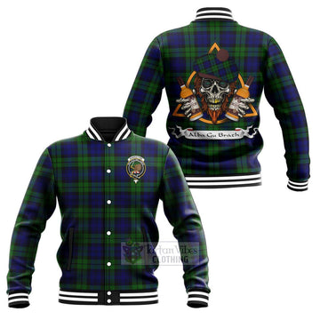 Tartan Vibes Clothing Bannatyne Tartan Baseball Jacket with Family Crest and Bearded Skull Holding Bottles of Whiskey
